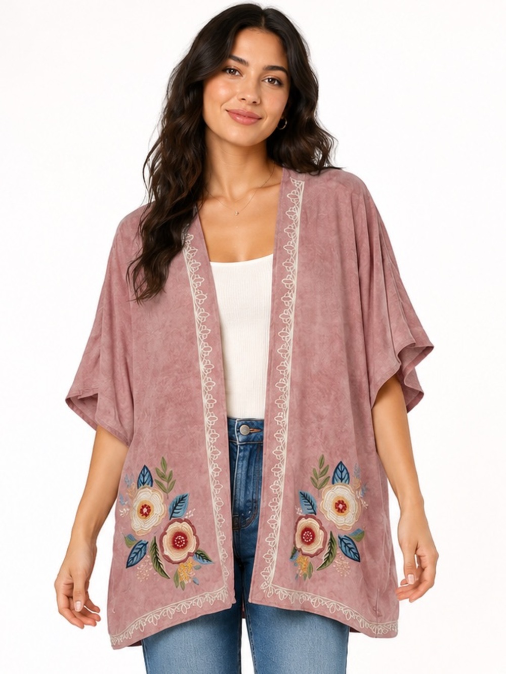 Hummingbird Rose Pink Kimono Cardigan with Embroidered Floral Detail – Size M/L